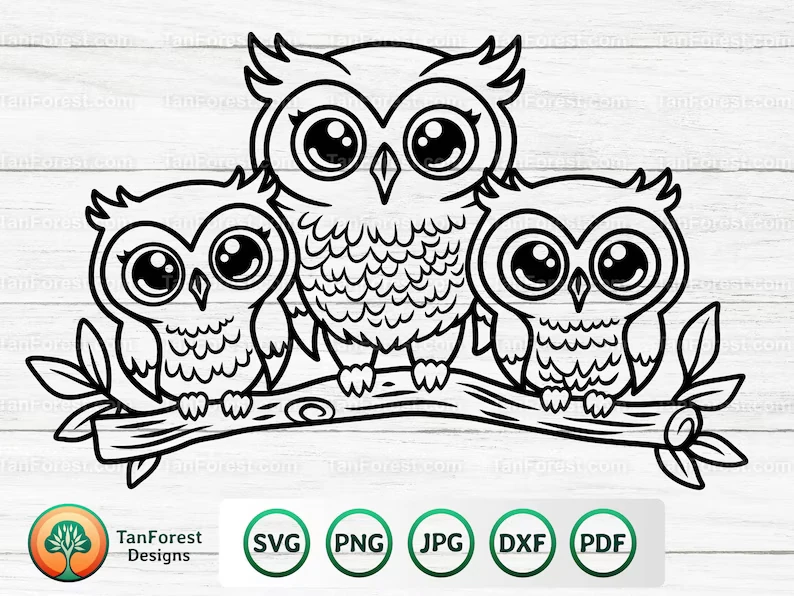 Cute Owl Family SVG outline cut file. Baby owl svg, Cute owl svg. Woodland animal svg. Bird svg. Kawaii svg. Cut files for Cricut Silhouette